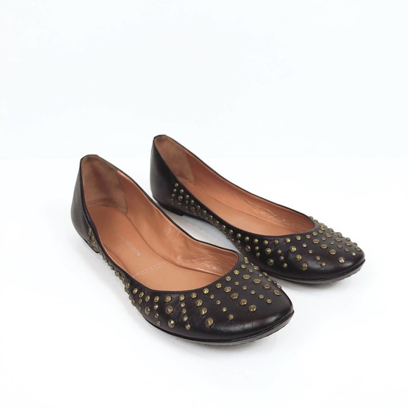 Sigerson Morrison Leather Brown Flats with Brass Studs - Picture 2 of 10